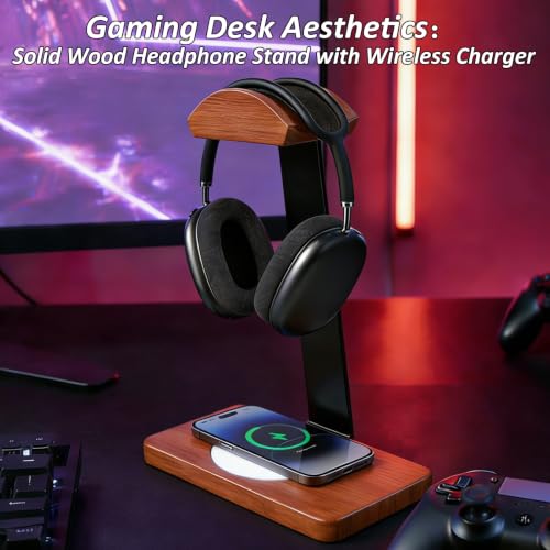 Wooden Headphone Stand with Wireless Charging Pad, 2-in-1 for Walnut Desk | Universal Headset Stand for Gaming Desk, Headphone Rack Compatible with Airpods Max,Bose,Razer,AKG Equipment Accessories - color: White