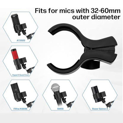 Versatile Desktop Microphone Stand, Adjustable Table Mic Stand with Large Microphone Clip, Cell Phone Clip, 5/8" Male to 3/8" Female Metal Adapter