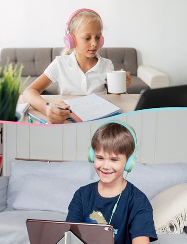 New Bee 2 Pack Kids Headphones with Microphone, 85dB/94dB Safe Volume Limited Childrens Headset, Foldable Wired Toddler Headphones Over Ear for School Travel Mac/Android/Kindle/Tablet/Pad- Green Pink - color: Green Pink-2 Pack, size: wired