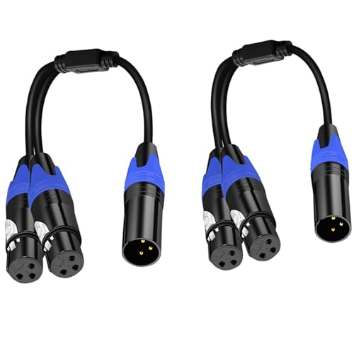 2Pack XLR Y Splitter 1 Male to 2 Female XLR Y Splitter Micrphone Cable,(11.8 inches) 3pin Male to Dual Female Y-Splitter Balanced Mic Audio Cables for Stereo Mic to L & R Audio Track - size: 1ft-2Pack