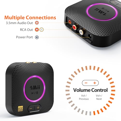 1Mii B06S+ LDAC Bluetooth 5.3 Receiver for Home Stereo Hi-Res Music Streaming, Hi-Fi Wireless Audio Adapter with aptX HD/LL, Long Range, Volume Control, RCA/3.5mm AUX Outputs - color: B06S+