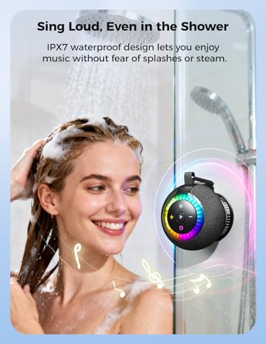Bluetooth Shower Speaker IPX7 Waterproof: Removable Suction Cup, Black | 360° Surround Sound, Vacuum-Lock, RGB Light, Portable Wireless Speaker for Beach, Pool, Kayak, Gifts for Adults Teens - color: black