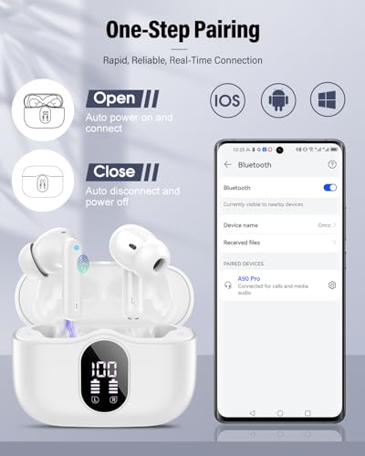 Wireless Earbuds, Bluetooth 5.4 Headphones Bass Stereo/Clear Calls, White | Ear Buds with Noise Cancelling Mic LED Display in Ear Earphones IP7 Waterproof 36H Bluetooth Earbuds for Phones/Sport/Laptop - color: White