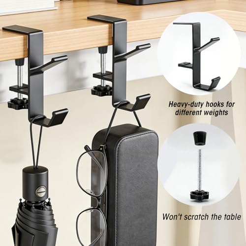 2 Pcs Headphone Holder for Desk, Double Hook Desk Hook, Bag Holder with Clamp for Table Desk Under Counter, Black - color: Black