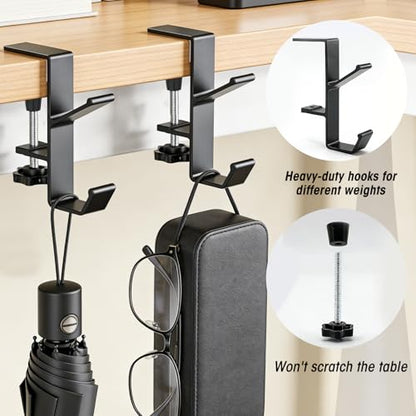 2 Pcs Headphone Holder for Desk, Double Hook Desk Hook, Bag Holder with Clamp for Table Desk Under Counter, Black - color: Black