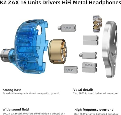 KZ Zax in Ear Headphones 7BA+1DD Hybrid 16 Drivers HiFi Noise Cancelling in Ear Monitor, Zin Alloy Shell Metal Wired Earphone with 3.5mm Jack Detachable 2 Pin 0.75mm Cable (No mic, Silver) | HiFi Sound Isolating Wired Earbuds, Zin Alloy Shell Metal Earpho