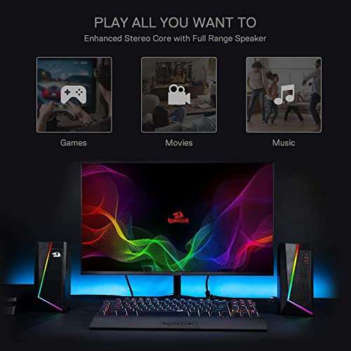 Redragon GS520 Wired 2.0 Channel Stereo Sound Desktop RGB Computer Speakers | Enhanced Auido Quality, Plug & Play USB Powered PC Gaming Speaker, 6 Colorful Backlight Modes, Easy-Access Volume Control - color: Black