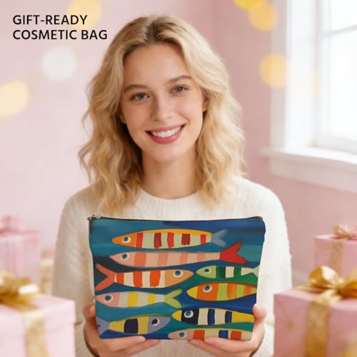 JIUWEIHU Fish Makeup Bag, Sea Animals Cosmetic Bags Travel Organizer Bag | Zipper Pouch, Birthday Fishing Lovers Friendship Gifts for Women Friend Colleague Sister Niece Mom - color: Multicolor 0065