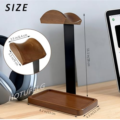 2-in-1 Wood Universal Headphone Stand With Storage Tray And Wood Arc Top
