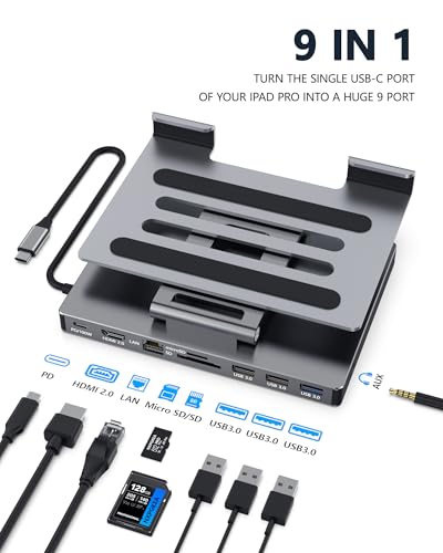 iPad USB C Hub Stand, 9-in-1 Multiport Adapter for iPad Pro M4 M3 M2 13 12.9 11 Inch Docking Station Foldable with 4K60Hz HDMI, RJ45 Gigabit Ethernet, SD/TF Card Reader, USB 3.0, 3.5 mm Audio