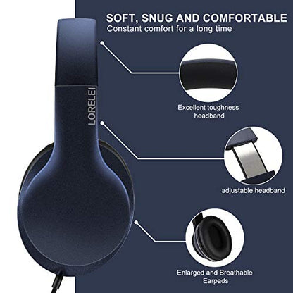 LORELEI X6 Over-Ear Headphones with Microphone, Lightweight Foldable & Portable Stereo Bass Headphones with 1.45M No-Tangle, Wired Headphones for Smartphone Tablet MP3 / 4 (Dark Blue) - color: Dark Blue
