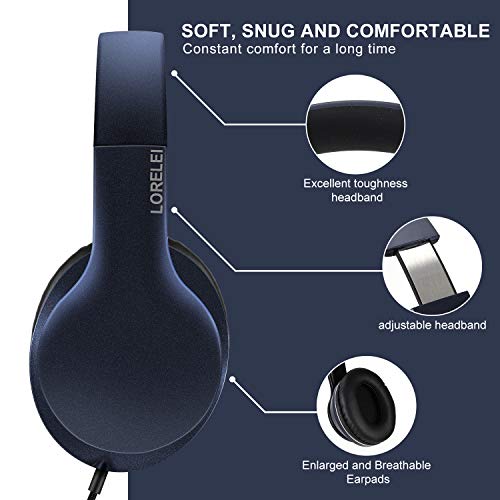 LORELEI X6 Over-Ear Headphones with Microphone, Lightweight Foldable & Portable Stereo Bass Headphones with 1.45M No-Tangle, Wired Headphones for Smartphone Tablet MP3 / 4 (Dark Blue) - color: Dark Blue