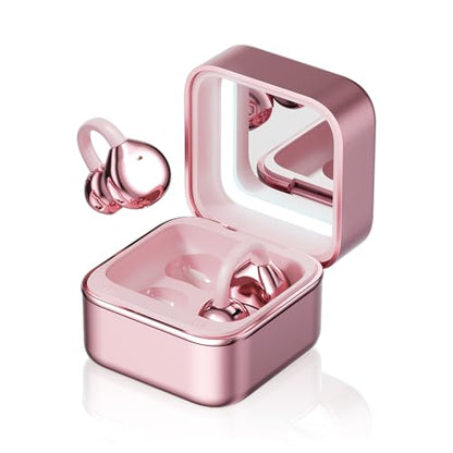 Clip On Ear Headphones with a Makeup Mirror, Open Ear Earbuds Wireless Bluetooth Earbuds,Ultra-Long Battery Life, for Android/iOS Phones (Rose Gold) - color: Rose gold