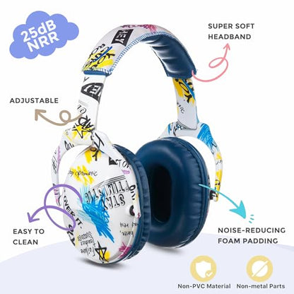 Kids Ear Protection Safety Ear Muffs, NRR 25dB Noise Reduction Children Earmuffs, Hearing Protectors for Sleeping, Studying, Airplane, Concerts, Fireworks-Graffiti with Blue Band - color: Blue Band Graffiti