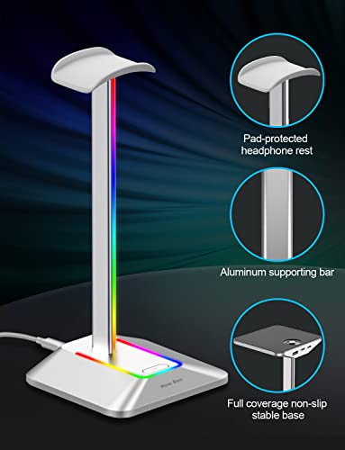 New Bee RGB Headphone Stand with 1 USB-C Charging Port and 1 USB Charging Port, Desk Gaming Headset Stand with 7 Light Modes and Non-Slip Rubber Base Suitable for All Earphone Accessories (Silver) | USB-C & USB Charging Ports, Stable Desktop Earphone Stan