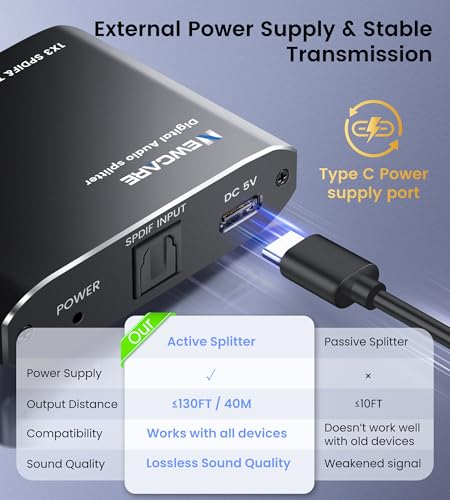 NEWCARE Digital Optical Splitter 1 in 3 Out,SPDIF Toslink Optical Audio Cable Splitter 1x3 Support LPCM2.0 Doldy Digital & DTS 5.1 for Xbox,PS4,PS5,DVD,TV Box,Home Theatre, Receiver,Sound Bar | Split 1 Optical Audio Signal to 3 Devices, Support LPCM2.0 Do