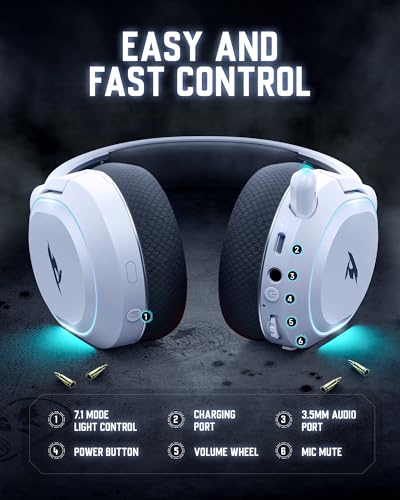 Wireless Gaming Headset, 7.1 Surround Sound, 2.4GHz USB Gaming Headphones with Bluetooth 5.4, 100H Battery, ENC Noise Canceling Mic, RGB Light, Wireless Headset for PC PS5 PS4 Mac Switch (Black-White) - color: Black-White