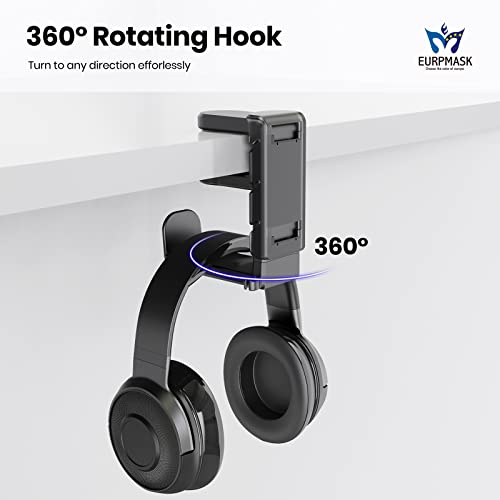 EURPMASK 3-in-1 Rotating Headphone Stand w/2 Detachable Controller Holders | Adjustable Clamp-on Headset Holder Hanger,360°Swivel,Gaming Headset Hanger,Cable Organizer,Keep Headphones Secure&Desk Tidy - color: Black Pro