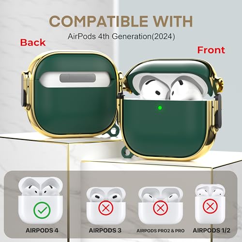 for AirPods 4 Case with Safety Lock, Magsafe Compatible, Green Gold | Double Secure Lock,Drop Protection,Two-Piece Design,with Gold Keychain, Anti Lost, Dustproof, Cute AirPod 4 Case - color: Green + Gold, size: AirPods 4 Case