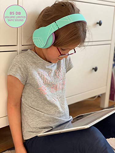 PowerLocus Kids Headphones Over-Ear, Bluetooth Wireless Headphones for Kids,with Microphone, Safe 85DB Volume Limited, Foldable with Carry Case, Audio Cable, Micro SD mode for Online Classes,PC,Phones - color: Teal