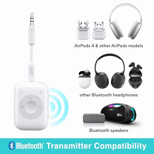 MEE audio Connect Air Pro Bluetooth Wireless Audio Transmitter & Receiver for AirPods or Bluetooth Headphones, 2-in-1 Adapter with Detachable Cable 3.5mm Aux Audio Jack for Airplanes, Auto, Gym, White - color: White, style: Connect Air Pro