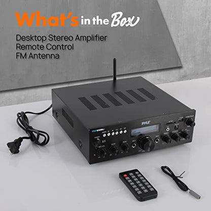 Pyle 200W Bluetooth Stereo Amplifier - Compact Desktop Power Amp Receiver with FM Radio, Karaoke Ready - Dual Mic Input with Echo, Digital LCD Display, RCA in/Out, USB-A Mp3 Player - Pyle PDA612BU