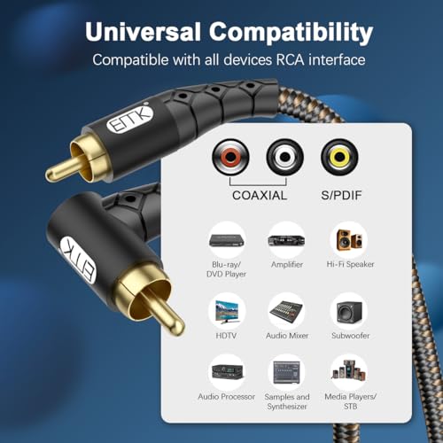 EMK 90 Degree RCA Subwoofer Cable 24K Gold-Plated Connector Nylon Braided Double Shielded – Support Digital & Analog Signals for Amplifier, Home Theater, Hi-Fi System,Subwoofer Black/50ft/15m - size: 50ft/15m, style: Black*90°RCA to RCA