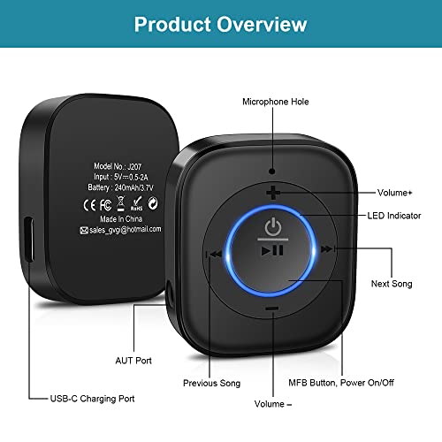 Golvery Bluetooth 5.4 Receiver, HiFi Wireless Audio Adapter for Car/Speaker | 3.5mm AUX Bluetooth Adapter for Home Stereo/Wired Headphones, Built-in Microphone for Handsfree Calls, Dual Connection, 20H - style: Stereo J207 with Mic & Volume Control