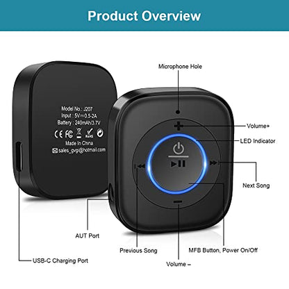 Golvery Bluetooth 5.4 Receiver, HiFi Wireless Audio Adapter for Car/Speaker | 3.5mm AUX Bluetooth Adapter for Home Stereo/Wired Headphones, Built-in Microphone for Handsfree Calls, Dual Connection, 20H - style: Stereo J207 with Mic & Volume Control