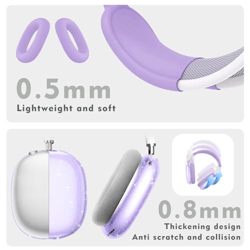 for AirPods Max case Cover,Anti-Scratch Ear Pad Case Cover/Ear Cups Cover/Headband Cover for AirPods Max. Clear Soft TPU and Silicone,Skin Scratch Proof. - color: 3PC-Glitter Light purple