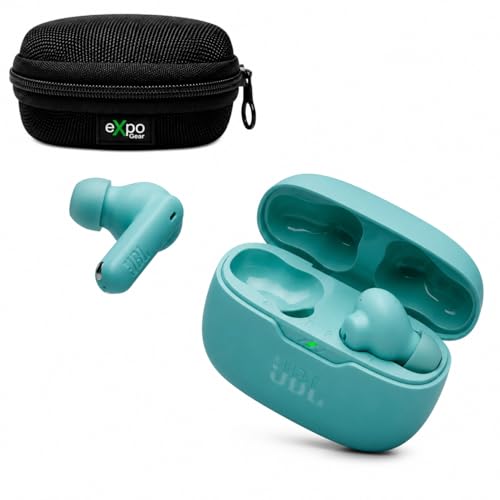 JBL Vibe Beam 2 True Wireless Noise Cancelling Earbuds, Pure Bass Sound, Smart Ambient, 4 Mics, Up to 40H Playback, IP54 Dust/Water Resistant (Teal) with Expo Gear Weather-Resistant Hard-Shell Case - color: Blue