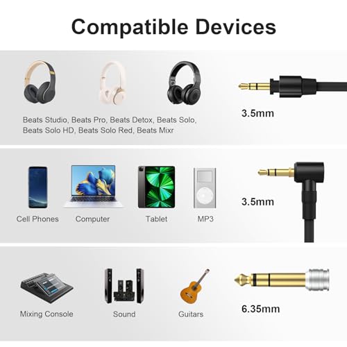 Alitutumao 3.5mm to 3.5mm & 6.5mm Aux Audio Cable, Headphone Extension Cord Compatible with Monster Beats Solo Pro Detox by Dr Dre Headphones (Black) - color: Black