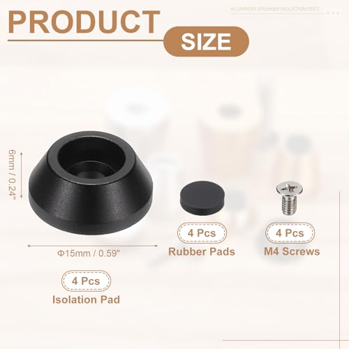 MECCANIXITY 4Pcs Speaker Isolation Pad Feet, 15x6mm Shockproof Aluminum Alloy Vibration Isolation Speaker Shock Base Pad Cone Base with Screws & Rubber Pads for Audio Equipment, Black - color: Black, size: 15x6mm
