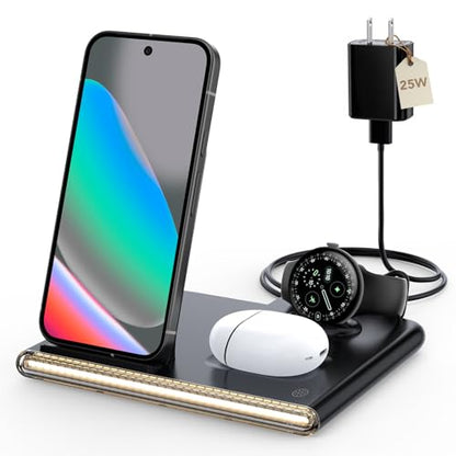3 in 1 Foldable Wireless Fast Charging Station for Google Pixel Watch 4 | Google Charging Station for pixel 10, Travel Pixel Watch 4 Charger Stand, Light Nightstand Charging Dock (Only for Watch 4) - color: Black