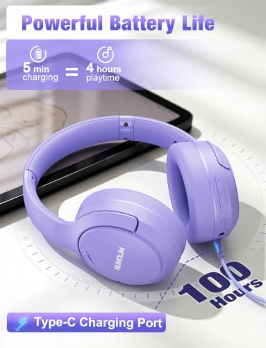 RUNOLIM Hybrid Active Noise Cancelling Headphones, Wireless Over Ear Bluetooth Headphones with Microphone, 100H Playtime, Foldable Headphone with HiFi Audio, Deep Bass for Home Travel Office（Purple） - color: Purple