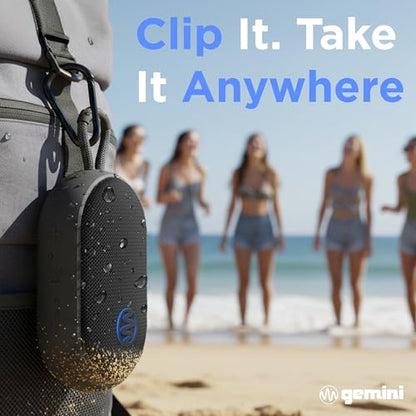 Gemini Mini Bluetooth Speaker, Waterproof, Clip-On, 12-Hr Play (BeatOrb) | IPX7 waterproof mini speaker, clip-on - 12 hr battery, USB-C - true wireless stereo - 0.44 lb, strap