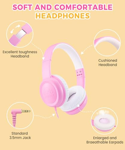 UKELALA C3 Kids Headphones Wired, On-Ear Wired Head Phones for Boys Girls with 3.5mm Jack, Foldable, Adjustable Headband, Child Headphone for School Home Airplane Tablet Pink - color: Pink