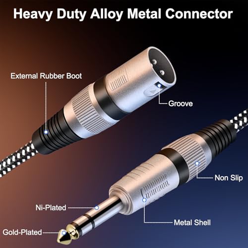 XLR Male to 1/4 Inch TRS Cables 6 FT/2Pack, Nylong Braided XLR 3 Pin Male to Quarter inch 6.35mm TRS Balanced Interconnect Wire Mic Cord (Pure Copper Conductors) - size: 6FT