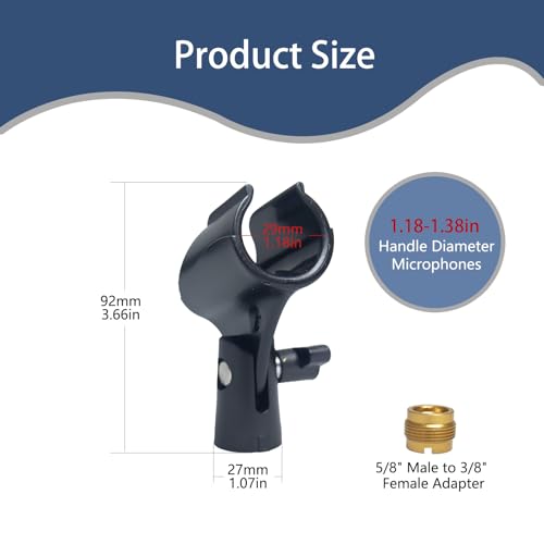 2-Pack Adjustable Microphone Clip Holder with 5/8" to 3/8" Adapter | universal mic stand fit, dynamic condenser compatible, mount clamp replacement, screw-on secure hold, studio and stage use