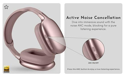 TJ Home Essentials Active Noise Cancellation Bluetooth Over Ear Headphones Leather Wireless Headset Wired Built-in MIC 24H Playtime High Res Audio Travel/Work/Students/Running/Gym((Pink) - color: Pink
