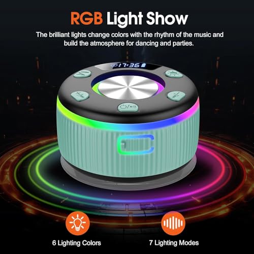 Bluetooth Shower Speaker, IP7 Waterproof Portable Bluetooth 5.3 Speakers with Suction Cup, Mini Wireless Speaker with RGB Lights Time Display, Loud Stereo Sound for Bathroom Beach Outdoor Party, Mint - color: Mint