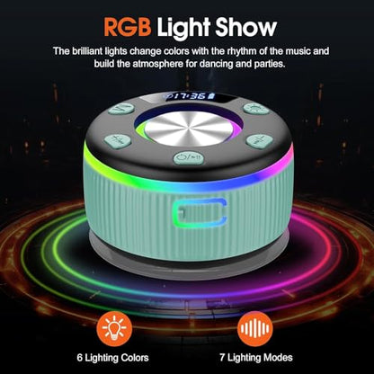 Bluetooth Shower Speaker, IP7 Waterproof Portable Bluetooth 5.3 Speakers with Suction Cup, Mini Wireless Speaker with RGB Lights Time Display, Loud Stereo Sound for Bathroom Beach Outdoor Party, Mint - color: Mint