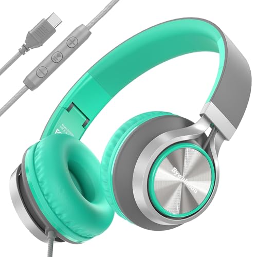 Bywulanda USB C Headphones with Microphone, Wired Over-Ear for School | Volume Control, HD Stereo Sound, Comfortable Fit, Wired Foldable Headphones for Adult/Teens/Laptop/Tablets/Travel, Green - color: Green