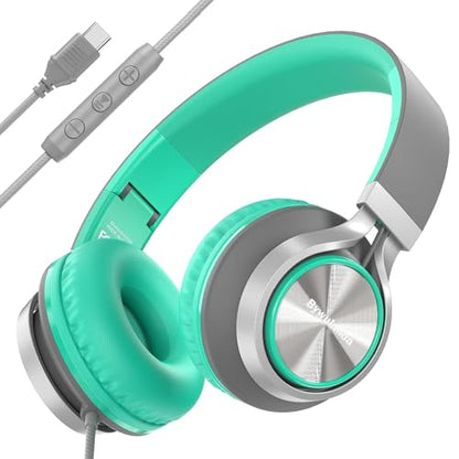 Bywulanda USB C Headphones with Microphone, Wired Over-Ear for School | Volume Control, HD Stereo Sound, Comfortable Fit, Wired Foldable Headphones for Adult/Teens/Laptop/Tablets/Travel, Green - color: Green