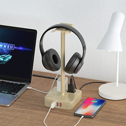 Headphone Stand with 3 USB Charger Desk Gaming Headset Holder Hanger Rack with 3 USB Charging Ports and 2 AC Outlets - Suitable for Gamer Desktop Table Game Earphone Accessories Boyfriend Gifts