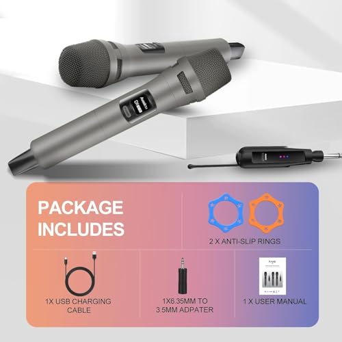 Aveek Wireless Microphone 2-Pack, 100ft Range,10Hs Battery for Karaoke - color: Gray