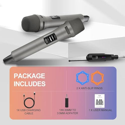 Aveek Wireless Microphone 2-Pack, 100ft Range,10Hs Battery for Karaoke - color: Gray