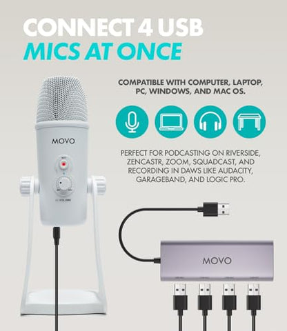 Movo USB Podcast Equipment Bundle for 4 – USB Interface with 4 UM700 Condenser Microphones – 4-Port Powered Hub for Streaming, Podcasting, Interviews (White)
