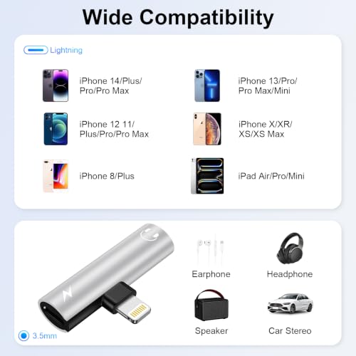 [Apple MFi Certified] iPhone Aux Adapter and Charger Lightning to 3.5mm | 2-in-1 Headphone Jack Adapter + Fast Charger Splitter Car Audio iPhone Dongle for Apple 14 13 12 11 Pro XR XS Max X 8 7 6s - color: Silver