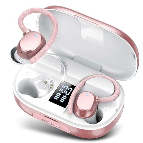 Ear buds Wireless Bluetooth Earbuds Sport 2026 NEW Bluetooth 5.3 Headphones with LED Display 128H Playtime Powerful Bass Over Ear Earphones with Earhooks IP7 Waterproof for Gym/Running/Workout - color: Rosegold